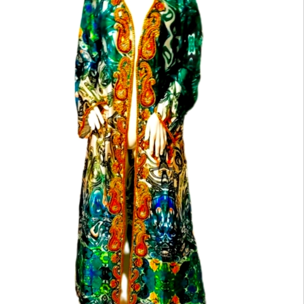 *LAST ONE**MANISH VAID- Silk Turquoise Emb.Pucci Island Prt. Kimono-NWT M